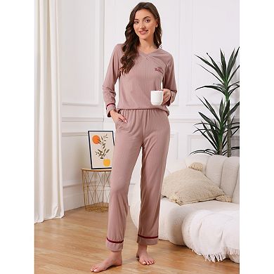 Women's Cotton Pajamas Ribbed Sleepwear Pullover Tops with Pants Loungewear Sets with Pocket