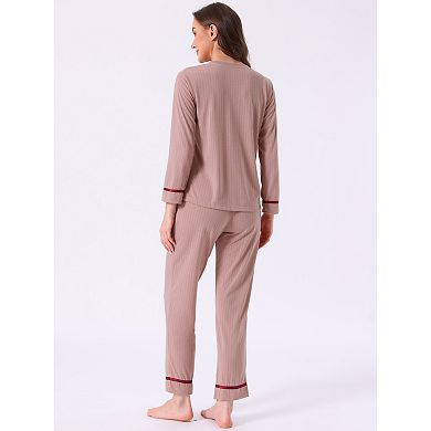 Women's Cotton Pajamas Ribbed Sleepwear Pullover Tops with Pants Loungewear Sets with Pocket
