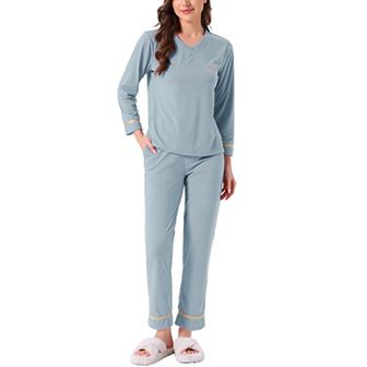 Women's Cotton Pajamas Ribbed Sleepwear Pullover Tops with Pants Loungewear Sets with Pocket