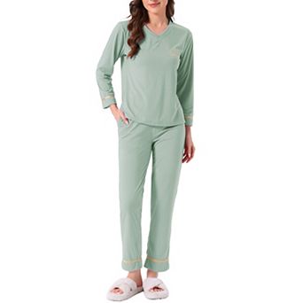 Women's Cotton Pajamas Ribbed Sleepwear Pullover Tops with Pants Loungewear Sets with Pocket