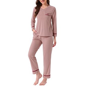 Women's Cotton Pajamas Ribbed Sleepwear Pullover Tops with Pants Loungewear Sets with Pocket