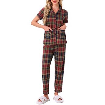 Women's Plaid Loungewear Short Sleeve with Pants Sleepwear Button Down Pajama Sets with Pockets