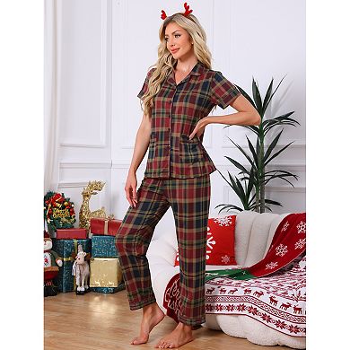 Women's Plaid Loungewear Short Sleeve with Pants Sleepwear Button Down Pajama Sets with Pockets