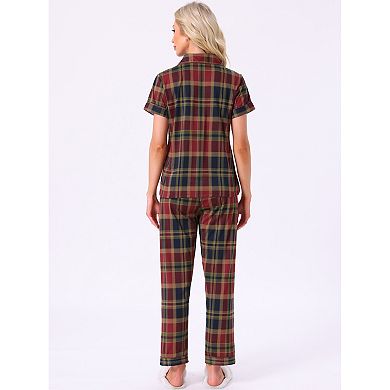 Women's Plaid Loungewear Short Sleeve with Pants Sleepwear Button Down Pajama Sets with Pockets