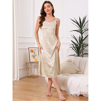 Women's Satin Floral Pajamas V Neck Spaghetti Strap Chemises Slip Lingerie Midi Nightgowns