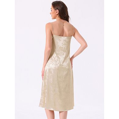 Women's Satin Floral Pajamas V Neck Spaghetti Strap Chemises Slip Lingerie Midi Nightgowns