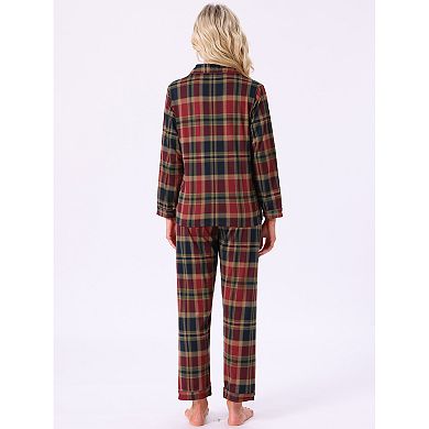 Women's Plaid Loungewear Long Sleeve with Pants Sleepwear Button Down Pajama Sets with Pockets