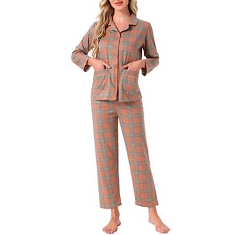 Women's Plaid Loungewear Long Sleeve with Pants Sleepwear Button Down Pajama Sets with Pockets