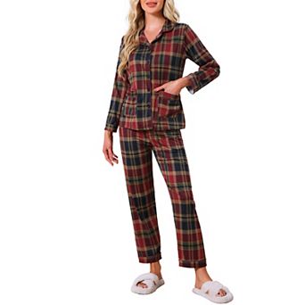 Women's Plaid Loungewear Long Sleeve with Pants Sleepwear Button Down Pajama Sets with Pockets