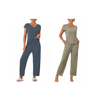 2 Sets Women's Short Sleeve Modal Casual Set Pajama and Loungewear Long Pants
