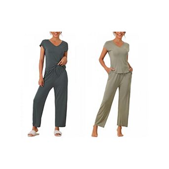 2 Sets Women's Short Sleeve Modal Casual Set Pajama and Loungewear Long Pants
