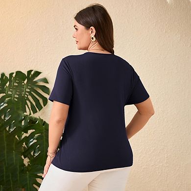 Women's Plus Size Blouse Buttons V Neck Pleated Short Sleeve Summer Tops T-Shirt