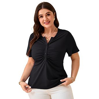 Women's Plus Size Blouse Buttons V Neck Pleated Short Sleeve Summer Tops T-Shirt