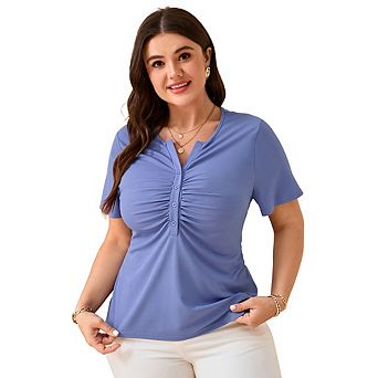 Women's Plus Size Blouse Buttons V Neck Pleated Short Sleeve Summer Tops T-Shirt