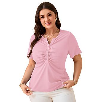 Women's Plus Size Blouse Buttons V Neck Pleated Short Sleeve Summer Tops T-Shirt