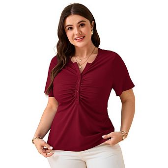 Women's Plus Size Blouse Buttons V Neck Pleated Short Sleeve Summer Tops T-Shirt