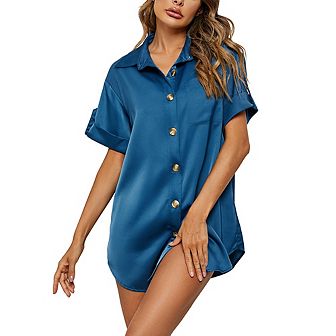 Women's Sleepwear Nightgowns Button Down Shirt Dress Satin Sleepshirts Midi Ladies Pajamas Dress