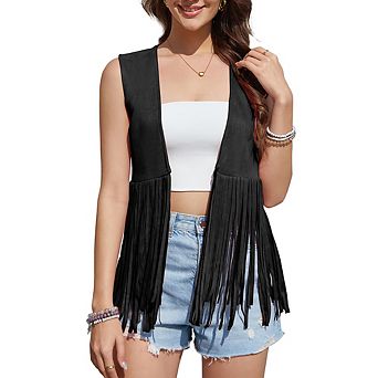 Women's Fringe Vest 70s Hippie Faux Suede Rivets Sleeveless Fringe Jacket