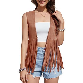Women's Fringe Vest 70s Hippie Faux Suede Rivets Sleeveless Fringe Jacket