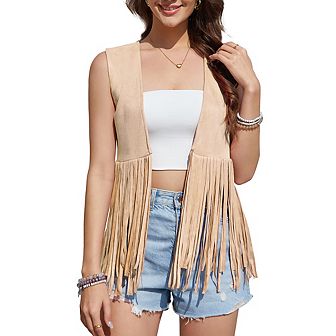 Women's Fringe Vest 70s Hippie Faux Suede Rivets Sleeveless Fringe Jacket