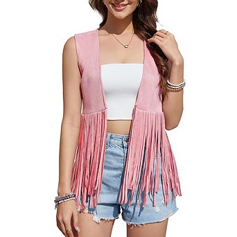 Women's Fringe Vest 70s Hippie Faux Suede Rivets Sleeveless Fringe Jacket