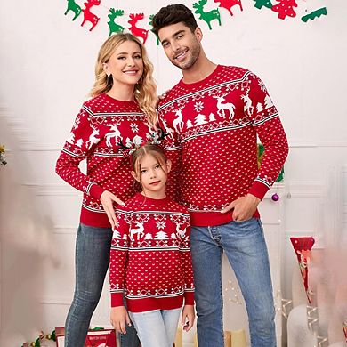 Family Christmas Sweater Crew Neck Reindeer Snowflakes Knitted Pullover for Kids