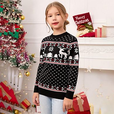 Family Christmas Sweater Crew Neck Reindeer Snowflakes Knitted Pullover for Kids
