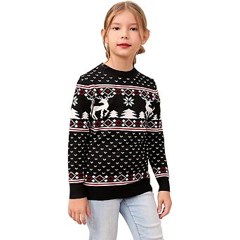 Family Christmas Sweater Crew Neck Reindeer Snowflakes Knitted Pullover for Kids