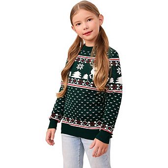 Family Christmas Sweater Crew Neck Reindeer Snowflakes Knitted Pullover for Kids