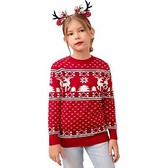 Family Christmas Sweater Crew Neck Reindeer Snowflakes Knitted Pullover for Kids