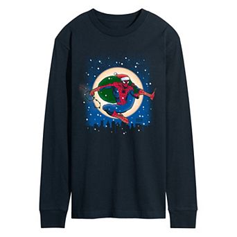 Men's Spider-Man Swinging Through As Santa Long Sleeve Graphic Tee