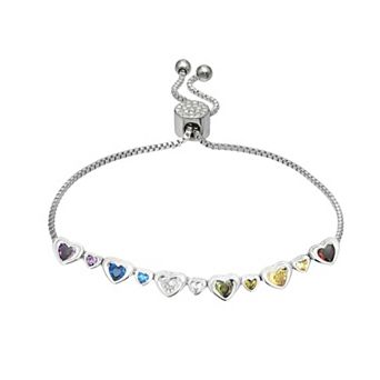 Brilliance Fine Silver-Plated Multicolor Cubic Zirconia Hearts Adjustable Bracelet