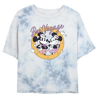 Juniors' Disney's Mickey Mouse & Minnie Mouse Bon Voyage Stamp Cropped Graphic Tee