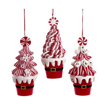 6.25" Candy Swirl Tree In Santa Bucket Ornaments - Set Of 3 Assorted Festive Christmas Decorations