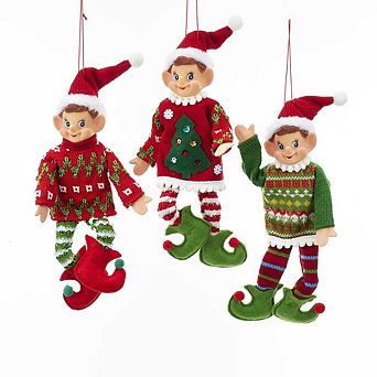 11" Christmas Elf Ornaments - Set Of 3 Assorted Festive Holiday Decorations
