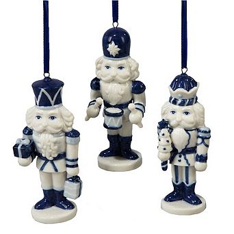 4" Porcelain Delft Blue Nutcracker Ornaments - Set Of 3 Assorted Christmas Decorations
