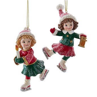 3.5" German Ice Skating Girl Ornaments - Set of 2 Assorted Christmas Decorations