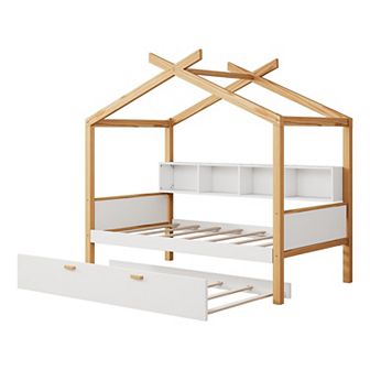 Merax White Wooden House Bed with Twin Trundle, Bookshelf Storage & Natural Wood Frame