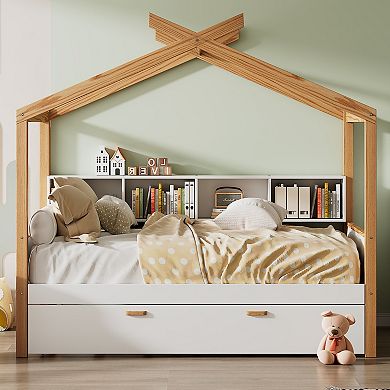 Merax White Wooden House Bed with Twin Trundle, Bookshelf Storage & Natural Wood Frame