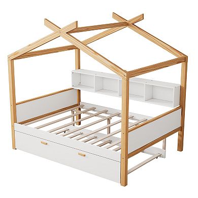 Merax White Wooden House Bed with Twin Trundle, Bookshelf Storage & Natural Wood Frame