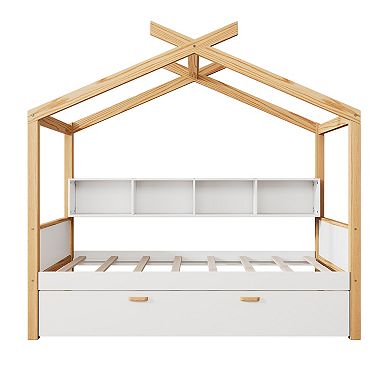 Merax White Wooden House Bed with Twin Trundle, Bookshelf Storage & Natural Wood Frame