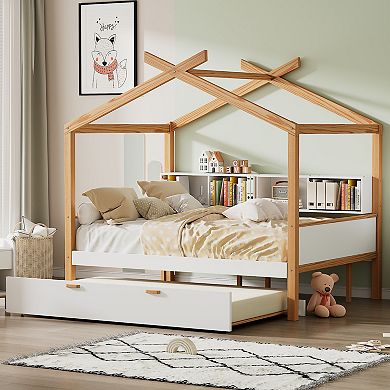 Merax White Wooden House Bed with Twin Trundle, Bookshelf Storage & Natural Wood Frame