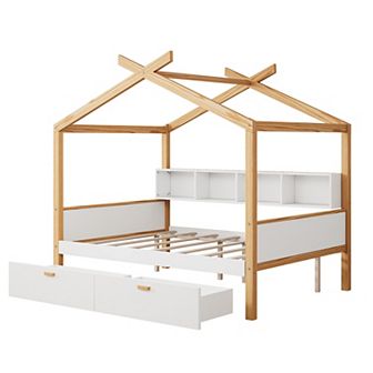 Merax Wooden House Bed Original Wood Colored Frame with Two Drawers