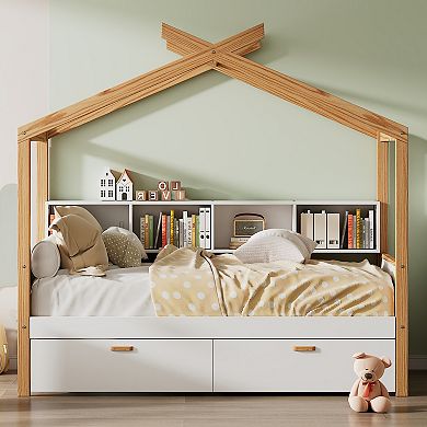 Merax Wooden House Bed Original Wood Colored Frame with Two Drawers