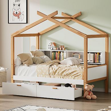 Merax Wooden House Bed Original Wood Colored Frame with Two Drawers
