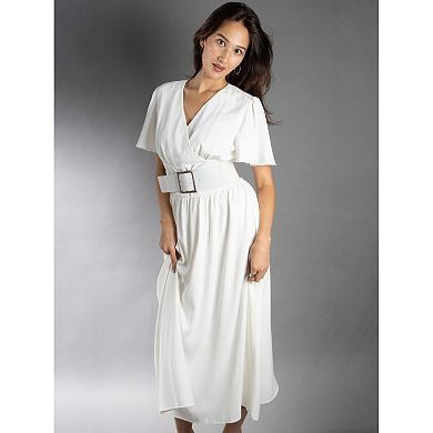 Jess by Meiko Women's Flutter Sleeve Waistband Midi Dress