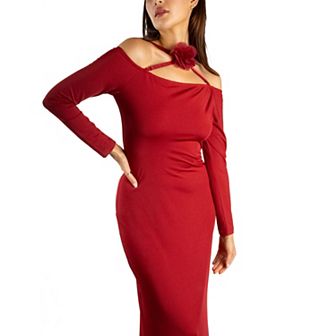 Jess by Meiko Women's Flower Embellishment Bodycon Off Shoulder Maxi Dress