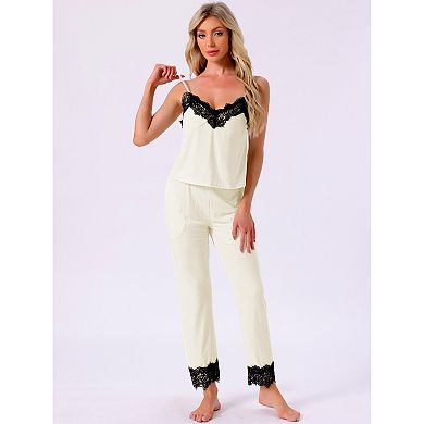 Women's Loungewear Lace Cami Spaghetti Strap Sleeveless Soft Pants Set Cardigan 3 Piece Pajama Set