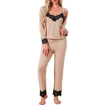 Women's Loungewear Lace Cami Spaghetti Strap Sleeveless Soft Pants Set Cardigan 3 pc Pajama Set