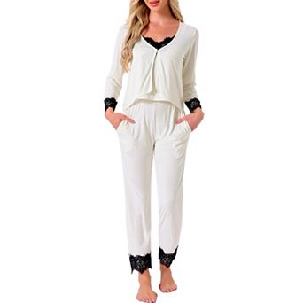 Women's Loungewear Lace Cami Spaghetti Strap Sleeveless Soft Pants Set Cardigan 3 pc Pajama Set
